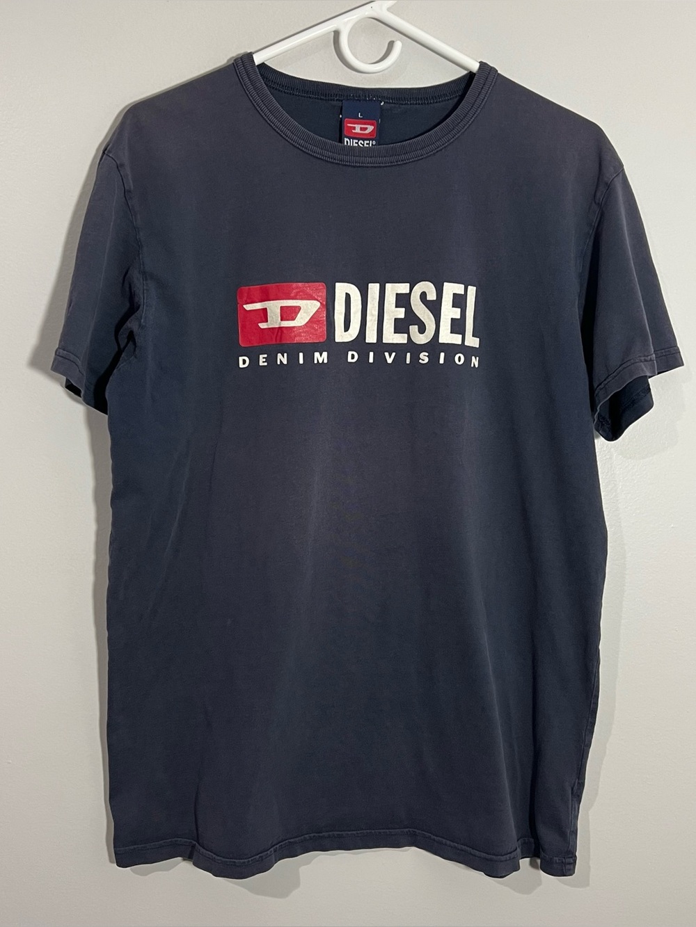 Vintage Diesel Denim Division Blue Red White Short Sleeve T-Shirt Mens Large
